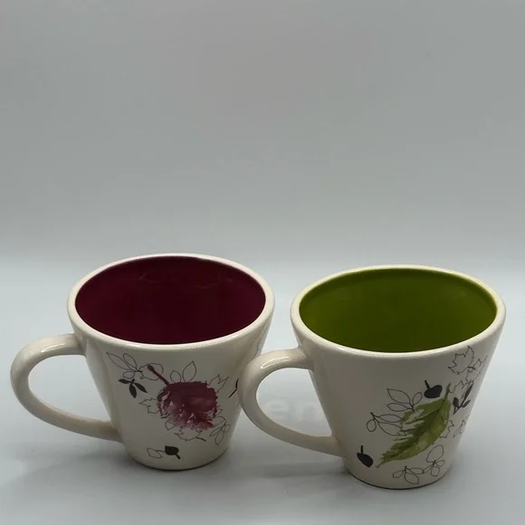Two Starbucks 2007 Ceramic Falling Leaves Mugs Red and Green 8 oz - Picture 3 of 15